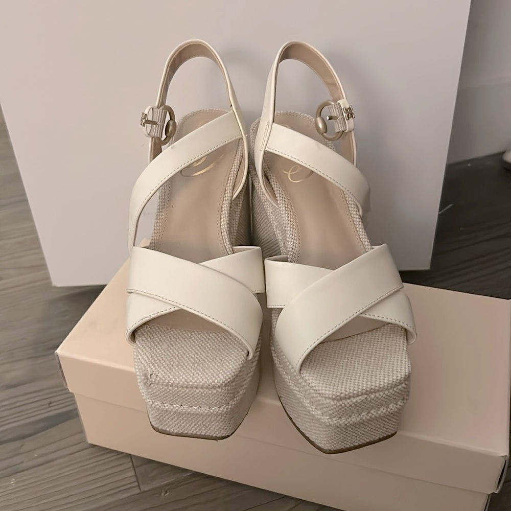 Sam Edelman Trianna Platform Sandals Ivory Strappy Espadrille Block Heel